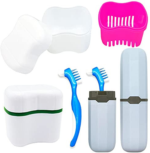 Zahnersatz-Kit, 2 Zahnersatz-Badbecher mit 2 Zahnersatzbürste & 2 Tragbare Zahnbürstenbox, Zahnersatzbürstenhalter Bad mit Deckel, Retainer Reinigung Zahnersatzboxen, Zahnbürsten-Kit für Reisen