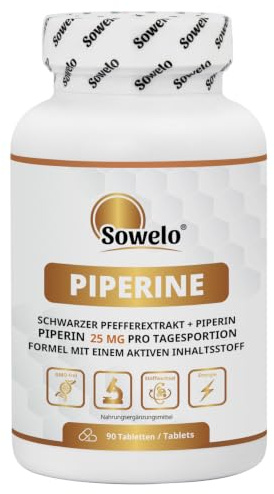 Piperin 25 mg – Schwarzer Pfeffer Extrakt – 90 Tabletten – Reine Formel | 25 mg pro Tablette – standardisierter Schwarzer-Pfeffer-Extrakt – 90 Tagesportionen – EU-Herstellung – Sowelo
