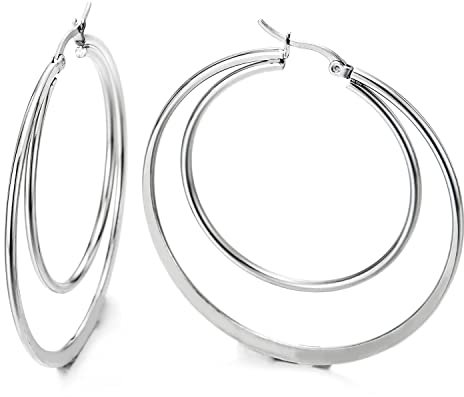 Paar Große Doppel Flach Glatte Kreis Creolen für Damen, Edelstahl Huggie Ohrringe
