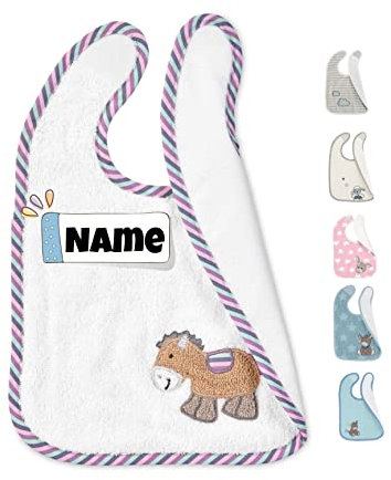 Sterntaler Lätzchen Baby mit Name personalisiert | bestickt mit Namen | Lätzchen mit Klettverschluss | personalisiert | Baby Latz | Babylätzchen (Pauline Pony weiß)