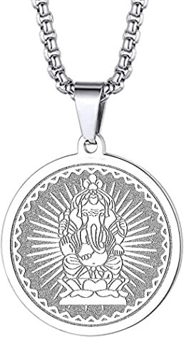 Chengxun Herren 316L Edelstahl Indische Mythologie Hindu Gott Lord Ganesha Halskette für Männer Frauen Schutz Wächter Medaillon Okkulter Schmuck Talisman Amulette Geschenke (Edelstahl)