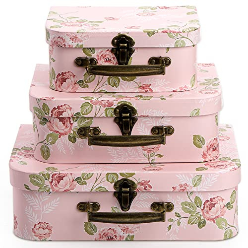 Fasmov 3 Stück Karton-Koffer, Aufbewahrungsboxen, dekorative Aufbewahrungsboxen, Geschenkboxen mit Deckel für Fotoaufbewahrung, Heimdekoration, Hochzeit, Geburtstag, Jahrestag, Rosa
