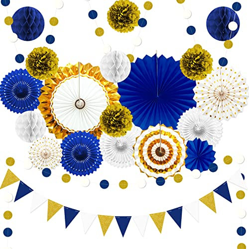 Blue and Gold Party Decorations - 23Pcs Navy Blue White Gold Baby Shower Birthday Decor for Men Boy Kids with Hanging Paper Fans, Pom Poms Flowers, Garland String Polka Dot Packs