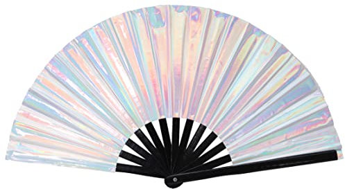 Gionforsy 1pcs Rave Folding Fan Foldable Hand Fans for Women Bamboo Large Holding Hand Fan with Bright Color Fabric Folding Fan for Festival(1PC-Style4 Silver)