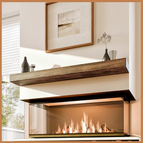 Avana 72 Inch Rustic Brown Floating Fireplace Mantel Shelf - Wall Mount Fireplace Mantel - 1 Shelf - Handcrafted Solid Pine - Unfinished