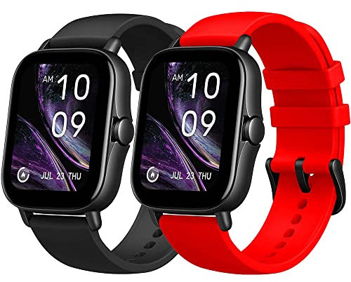 Flenco Replacement Silicone Watch Strap For Amazfit GTR 42mm / Amazfit GTS 2 Mini/GTS 2 / GTS 2e / Amazfit Bip/Bip Lite/Bip S/S Lite/Bip U/U Pro Replacement Watch Band (Black + Red)