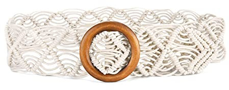 Ceinture Corde Tressée Boho Pour Femme, Larges Élastique Ceintures de Vêtements avec Boucle en Bois Décorative Pour Robe D'été Jeans et aux Pulls (Blanc)