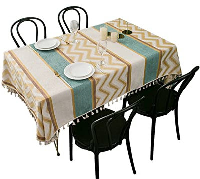 EHOMERY Tischdecke Baumwolle Quadratisch Tischtücher Zum Besticken Einfache Gestreifte Geometrische Spitzenquaste Gehäkelte Tischtuch Outdoor Eckig Klein Gelb Tischschutz Dekoration 140X140Cm