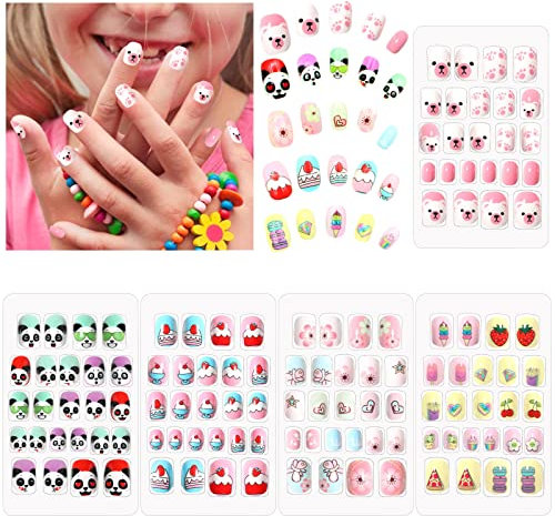 120PCS Kids False Nails,Scettar Kids Press on Nails Kids Stick on Nails Full Cover Kids Nails for Girls Kids Gift DIY Nail Art Decor 4 Boxes (Different Patterns)