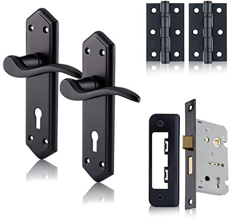 XFORT Black Beauty Range Matt Black London Suite Lever Lock Pack, Complete Set with Lock Door Handles, 65mm Sashlock and 75mm Ball Bearing Hinges, for Internal Wooden Doors