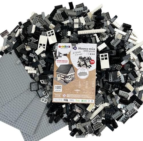 Q-Bricks Kreativ-Bauset mit klassischen Bausteinen | 1000-teiliges Set | 19 Formen umfassen Türen, Fenster, Dachsteine und Grundplatten | 8 Farben | Hausmischung in Schwarz-Weisser Farbkombination