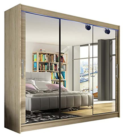 Mirjan24 Kleiderschrank Aston III, Schwebetürenschrank, Schlafzimmerschrank, Schiebetürenschrank, Garderobe, Schlafzimmer (Sonoma, mit RGB LED Beleuchtung)