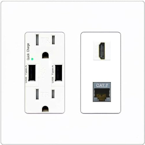 RiteAV HDMI and Cat7 Wall Plate - USB Charger [Screwless White]