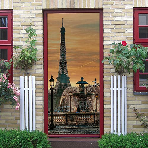 3d Türtapete Selbstklebend Springbrunnen & Eiffelturm Türposter Fototapete, Schlafzimmer Wohnzimmertür Aufzug Tür Aufkleber B90 x H200cm