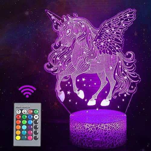 Einhorn Nachtlicht Kinder, Einhorn Spielzeug 3D Illusion Nachttischlampe16 Farben ändern mit Fernbedienung, Kawaii Nachtlicht Baby, Farbwechsel Schlaflicht Kinderzimmer Deko Geburtstag Geschenk