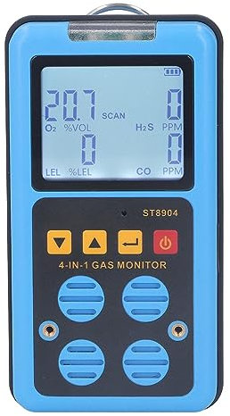 Gasdetektor, 4-in-1 CO H2S O2 LEL Wiederaufladbarer Multigasmonitor, Luftqualitätstester-Analysator, Gasschnüffler mit Hintergrundbeleuchtetem LCD-Display,