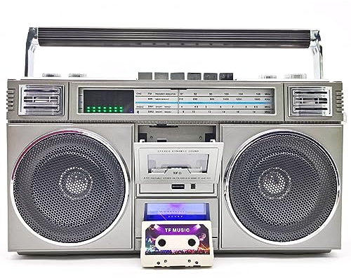 Boombox Vintage de los años 80, Reproductor de Casete, Radio y grabadora portátil, Compatible con USB/Micro SD/AUX, Radio Am/FM, parlantes de woofer duales de 30 W, batería incorporada de 12000 mAh