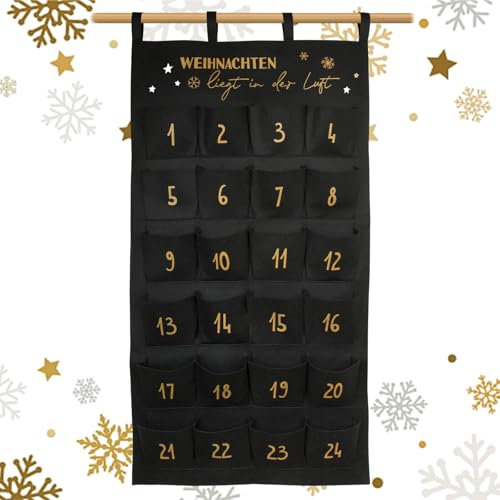 BOFUNX Adventskalender 2024 als Wandkalender zum Befüllen mit 24 Stoffbeutel Weihnachtskalender Weihnachten liegt in der Luft Kinder Wandkalender aus Filz 120 x 60 cm Schwarz