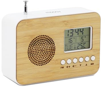 mooov 477320 - Radio Reloj Despertador Digital a Pilas, bambú, con Pantalla de Temperatura Interior, sintonizador FM, función autoapagado