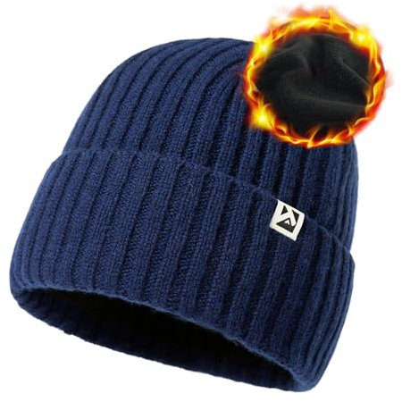 TOP-EX Übergroße XL/XXL Herren Damen 100% Merinowolle Winter Beanie mit Fleece-Futter Strickmütze für große Köpfe langlebige Mütze für kaltes Wetter warm Marineblau X-Large extra große Köpfe