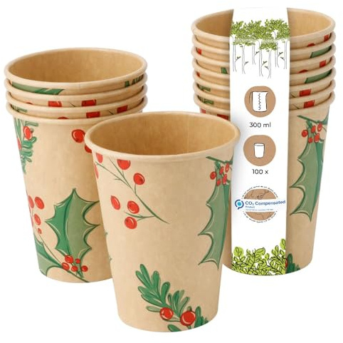 BIOZOYG 100 Stück braune Kaffeebecher Pappbecher Wintermotiv 'Zweige' 300ml / 12 oz - umweltfreundlich recycelbar & ungebleicht - Kaffeebecher to go