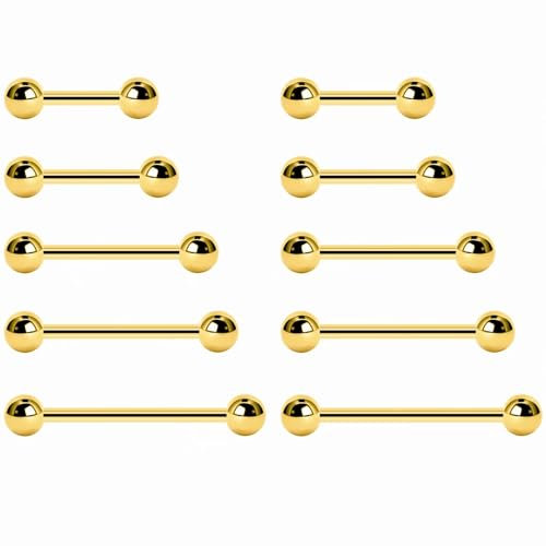 NewkeepsR Stahl 5 Paar 1,2mm Chirurgenstahl Außengewinde vergoldet Zungenring Nippel Langhantel Bar Body Piercing 8mm 10mm 12mm 14mm 16mm