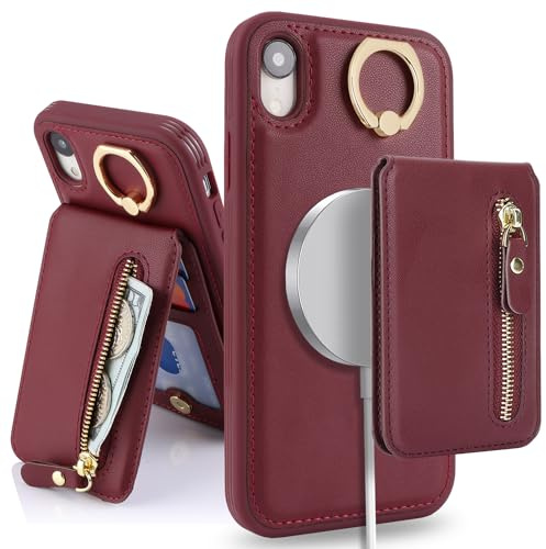 SailorTech Case for iPhone XR With Card Holder, Ring Stand, Kickstand, Card Slots, Wallet - Detachable 2-in-1 Zipper Cover - Burgundy