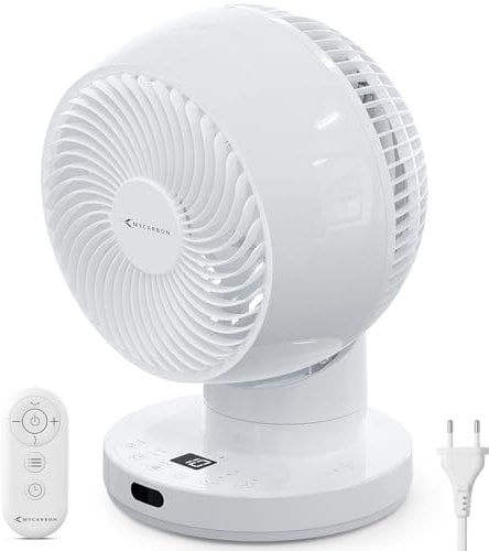 MYCARBON Ventilatore da Tavolo Silenzioso 20dB, Rotazione Regolabile(30°, 60° e 90°), Motore DC, Basso Consumo 20W, Vento Turbo, Timer 12h, con Telecomando