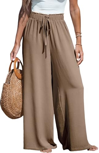 CUPSHE Women Trousers Drawstring Wide Leg High Waist Casual Beach Lightweight Summer Trousers Coffee S