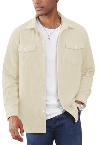 EKLENTSON Chemise-Veste Homme Velours Côtelé Manches Longues Lâche Boutonnage Complet Veste Trucker Décontractée Beige, L