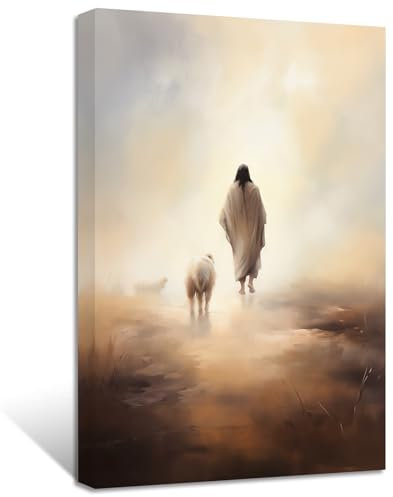 ZXHYWYM Jesus Leinwandbilder Gott geht mit Lamm Bilder Drucke christliches spirituelles Poster Hirtenkunstwerk für Gebetsraum Wohnzimmer Gerahmt (Bild-1, (30.00 x 45.00 cms))