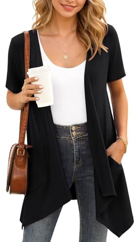 YGJIEGENG Black Women's Summer Cardigan Lightweight Short Sleeve Open Front Kimono Jacket with Pockets Casual Soft Draped Duster Shrug Top 2025,Black,XXL