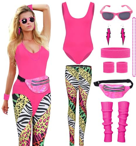 Raveparty 90er Outfit Damen: Aerobic Outfit mit 80er Accessoires, Karneval Kostüm für Neon Party - Rot, XL