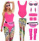 Raveparty 90er Outfit Damen: Aerobic Outfit mit 80er Accessoires, Karneval Kostüm für Neon Party - Rot, XL