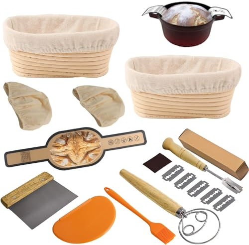 Sourdough Bread Baking Set, 2 Pack 25cm Oval Banneton Bread Proofing Baskets, Silicone Bread Sling, Danish Dough Whisk, Dough Scraper Kit, Silicone Brush