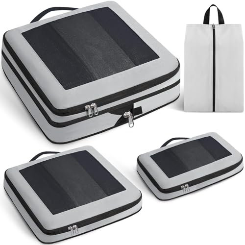 Prezon Cubos compresión grandes, diseño abierto visible, organizador equipaje ampliable con bolsa zapatos para maletas y mochilas, 4 bolsas ligeras para viajes y camping.