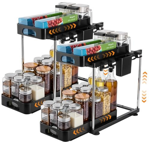 Dntorx Unter Waschbecken Regal 2 Stück, 2 Etagen Doppelte Schiebeschublade Küchen Organizer Spülbecken Organizer mit Herausnehmbare Trennwand Gewürzregal Küchenregal Schrank organizer für Bad Küche
