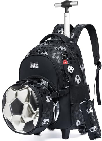 HTgroce Schulranzen mit Rollen, Rucksack mit Trolley für Kinder, für Schule, Reisen, schwarzer Fußball Rucksack Trolley