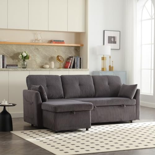 Soweiz Multifunktionales Schlafsofa mit ausziehbarem Bett, Schlafsofa mit austauschbarer Chaiselongue, Sofagarnitur mit Aufbewahrungssitz, L-förmiges Sofa, Ecksofagarnitur für Wohnzimmer (Dark Gray)