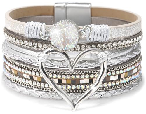 Suyi Multilayer Leather Wrap Bracelet Heart-Shape Wide Cuff Bracelets for Women Color Silver