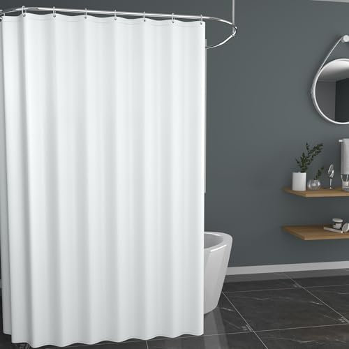 GOOPOOL Tenda Doccia Tessuto in Poliestere, Tenda Vasca da Bagno Poliestere con Pesi, Tende Doccia Impermeabile & Tessuto lavabile in lavatrice, Extra Lunga con 16 Ganci 240L x 200A CM Bianco