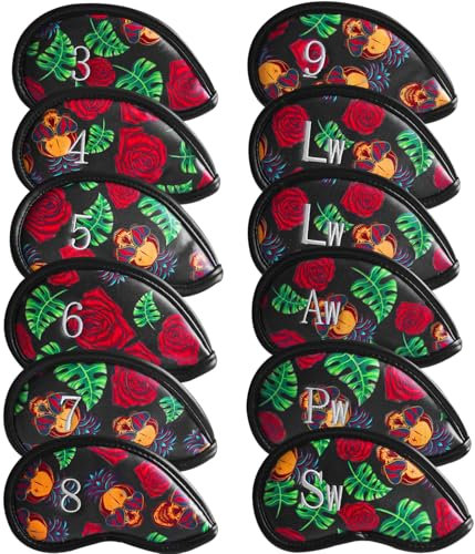 Golf Iron Head Covers Numbers Synthetic Leather Headcover Deluxe Value 12 Pcs Set, Golf Iron Headcovers Protector for Club Mens Protable Fit All Brands (Vermeil)