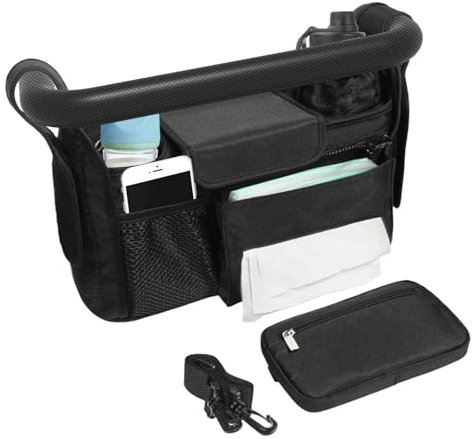 Janety Organisateur de poussette universel avec porte-gobelet isolé, sac de poussette avec bandoulière, sac de poussette de grande capacité convenant à tous les modèles de poussettes, noir