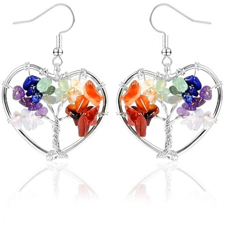 EAVUYIS Orecchini Pendenti Donna Delicati Albero della Vita Cuore, Pietra Cristallo 7 Colori Chakra Energia Fortuna Amuleto, Placcato Oro/Platino, con Confezione, Regalo Natale