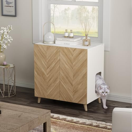 DAWNYIELD Cat Litter Box Enclosure, Wooden Hidden Litter Box Furniture with Dual Entrance, and Ventilation Holes, Indoor Herringbone Pattern Cats House, Cat Llitter Cupboard Cabinet, White