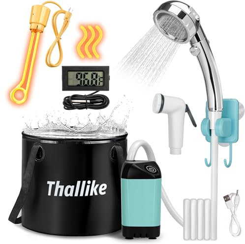 Thallike Portable Hot Shower for Camping, 1000W Immersion Heated, Rechargeable Camping Shower Pump, 6.6 Gallons Folding Bucket for Camping, Hiking, Traveling, Washing