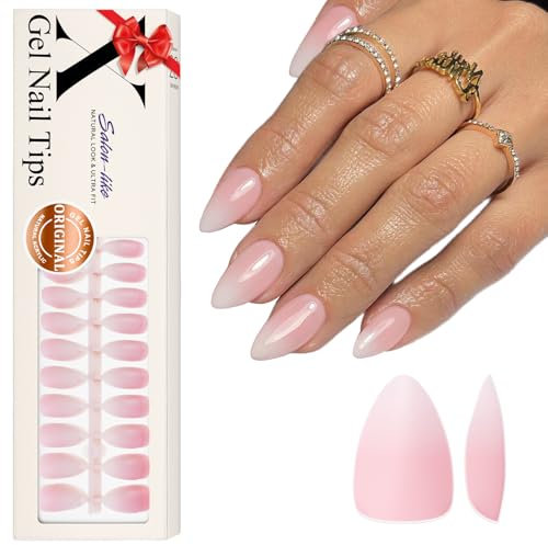 SXVME Soft Pre-Colored Acrylic Nail Tips, Ombre French False Nails Short Almond, Gradient Pink Press on Nails Short Stiletto Full Cover Artificial Fake Nail Extensions for Women DIY 150 Pcs