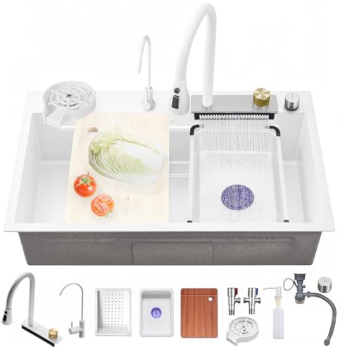 Ribanedy White Multifunctional Waterfall Kitchen Sink 68 x 45 cm, Single Bowl Modern Stainless Steel Sink with Pull-Out Spray Faucet, Cup Washer, and Accessory Set