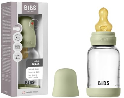 BIBS Baby Glass Bottle. 120ml. Anti-Colic. Vented Round Natural Rubber Latex Teat. Supports Natural Breastfeeding, Slow Flow, Complete Set - 120 ml, Sage
