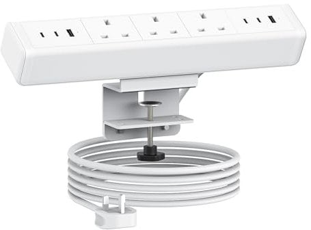 Desk Power Socket with USB C, Haiaoyyds Aluminium Alloy Desktop Power Strip with 3 UK Plugs, 6 USB Ports, and 1.8M Cable, Desk Extension Lead for Office Home(White)
